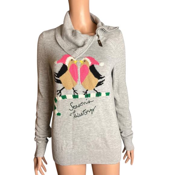 Talbots Christmas Birds “Seasons Tweetings” Zip Cowl Neck Sweater Small Preppy - Picture 1 of 6